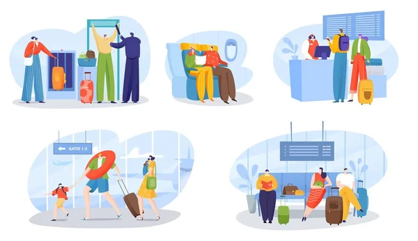 Personas en aeropuerto vector ilustración conjunto, dibujos animados plana hombre mujer viajero personajes con la espera de equipaje, turistas de la familia caminando — Vector de stock