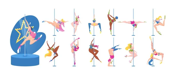 Pole dance girls vector ilustración, dibujos animados colección plana de bailarina stripper mujer personajes en bikini bailando poses en polo en el club — Archivo Imágenes Vectoriales