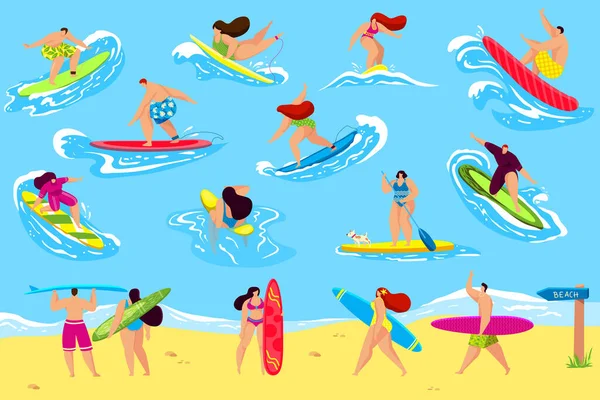 Pessoas surfar conjunto de ilustrações vetoriais, desenho animado homem plana mulher surfista ativo personagem surf, onda de equitação, stand or walk with surfboard —  Vetores de Stock