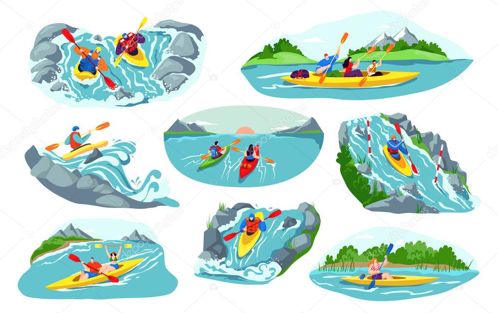People kayaking vector illustration set. Cartoon flat man woman active kayaker characters canoeing, sitting in kayak boat, extreme activity