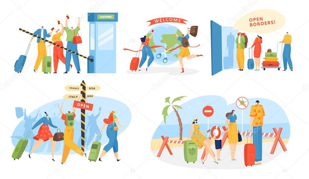 Open borders for travel vector illustration set, cartoon flat happy man woman traveller characters traveling around the world after lockdown