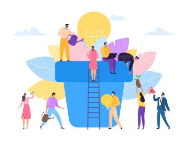 İnovasyon işi takım çalışması arka plan konseptinde sabit büyüme, vektör illüstrasyonu. İş adamı kadın yaratıcılık fikri ampulü üretiyor.