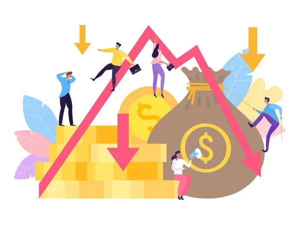 Депрессия диаграммы бизнес-компании, векторная иллюстрация. Рыночные бизнесмены на графике, крах экономики банкротство. — стоковый вектор