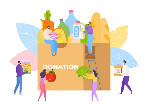 Food charity community, volunteer donate product, vector illustration. Woman man help by assistance, donation and aid concept. — Stock Vector