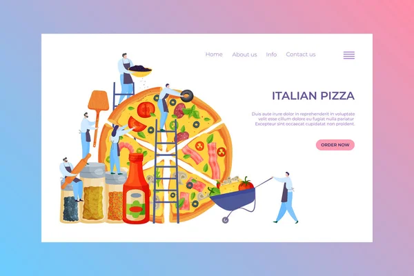 Italská pizza jídlo, web pizzerie banner vektorové ilustrace. Cartoon landing page, byt lidé objednat jídlo v restauraci dodávky — Stockový vektor