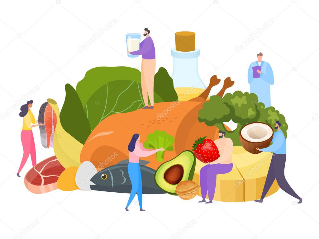Keto diet, fat food concept vector illustration. Ketogenic protein and carb nutrition lifestyle, healthy flat avocado, fish.