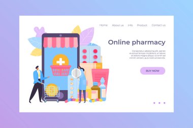 Tıbbi online eczane konsepti, vektör illüstrasyonu. Tıp mobil uygulaması, akıllı telefon düz tasarım ve internet sağlık hizmetleri.