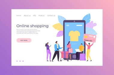 İş afişi konsepti, düz ticaret teknolojisi vektör illüstrasyonu. İnternet müşterileri için web sitesi tasarımı, mağazadaki insanlar