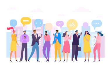 Sosyal medya ağını ara, akıllı telefon sohbet vektör illüstrasyonunu yap. Sohbet eden erkek konuşmacı kadın karakteri. Çevrimiçi
