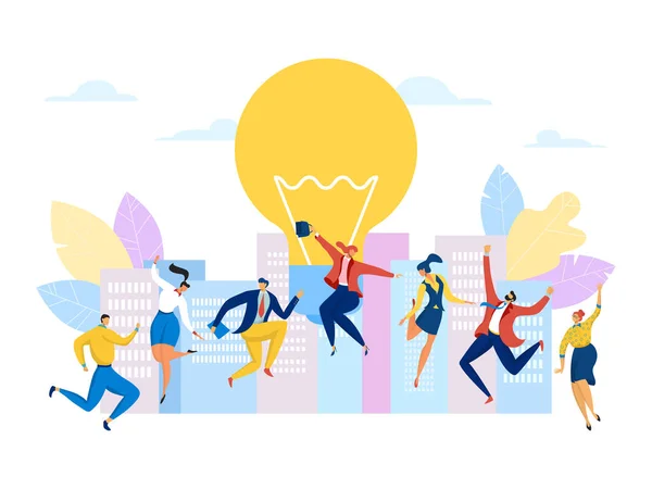 Bulb idee en mensen business teamwork, vector illustratie. Man vrouw in de buurt van licht ontwerp concept, plat creatief succes. — Stockvector