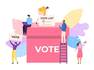 Demokrasi seçimlerinde kağıt oyuyla oy verin, vektör illüstrasyonunda. Kampanya seçiminde oy kullanan insanlar