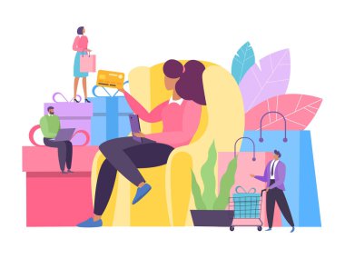 Cep telefonunda çevrimiçi ticaret, vektör illüstrasyonu. Akıllı telefon mağazası teknolojisi, kadınlar internet konsepti satın alıyor. Telefon dükkanı.