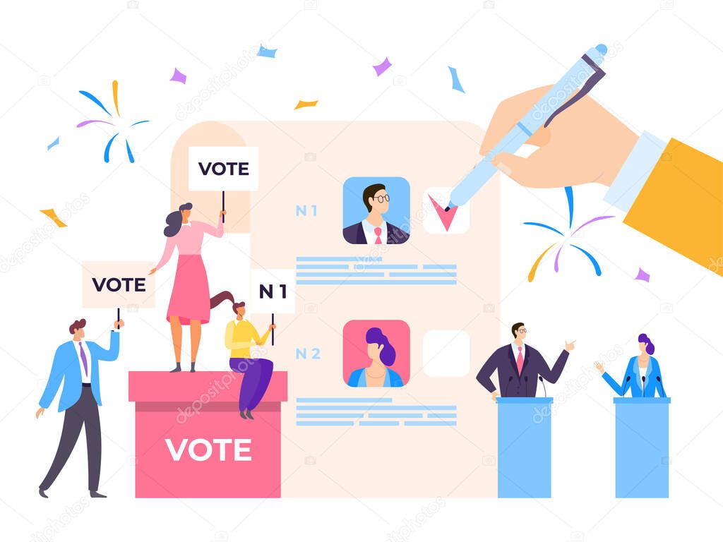 Election campaign, vector illustration. President candidate vote, flat political debate with people from government concept.