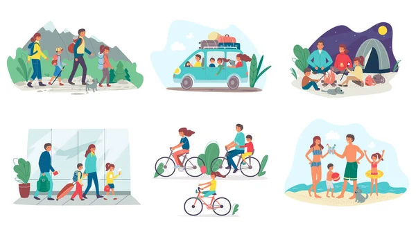 Család a nyári vakáció utazás, kerékpározás gyerekekkel, a repülőtéren, a strandon és a túrázás, készlet elszigetelt vektor illusztrációk. — Stock Vector
