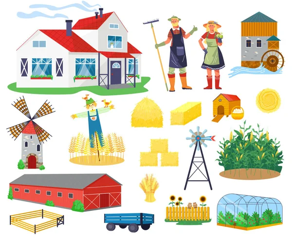 Landwirtschaftliche Gebäude und Bauten setzen flache infografische Vektorelemente. Ikonen von Bauernhaus, Scheune, Windmühle, Wassermühle und Gewächshaus, Turm. — Stockvektor