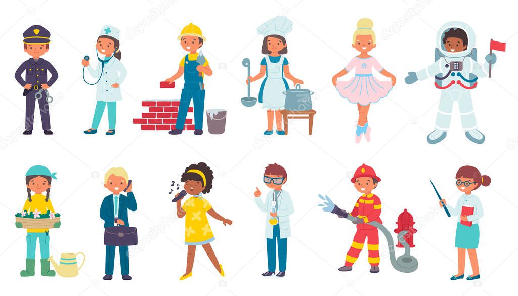 Children in costumes of different professions, isolated on white set of vector illustrations. Doctor, professional worker, fireman police.