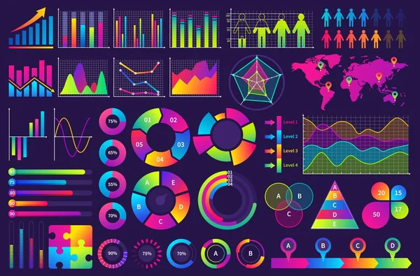 Grafiek grafieken business collectie van gloeiende kleurrijke diagrammen, vector illustraties ingesteld voor infographic. Infocharts, bars, taartstatistieken. — Stockvector