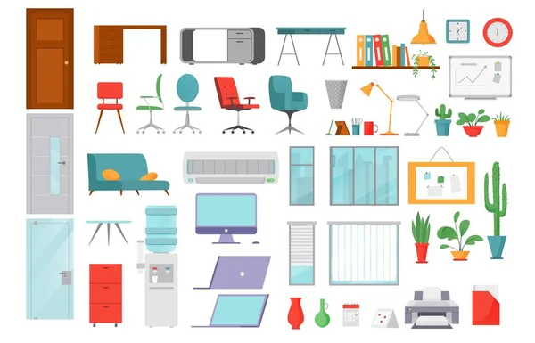 Office objects flat icons vector illustrations collection of isolated computers, laptops, business workflow items and elements. — Stock Vector