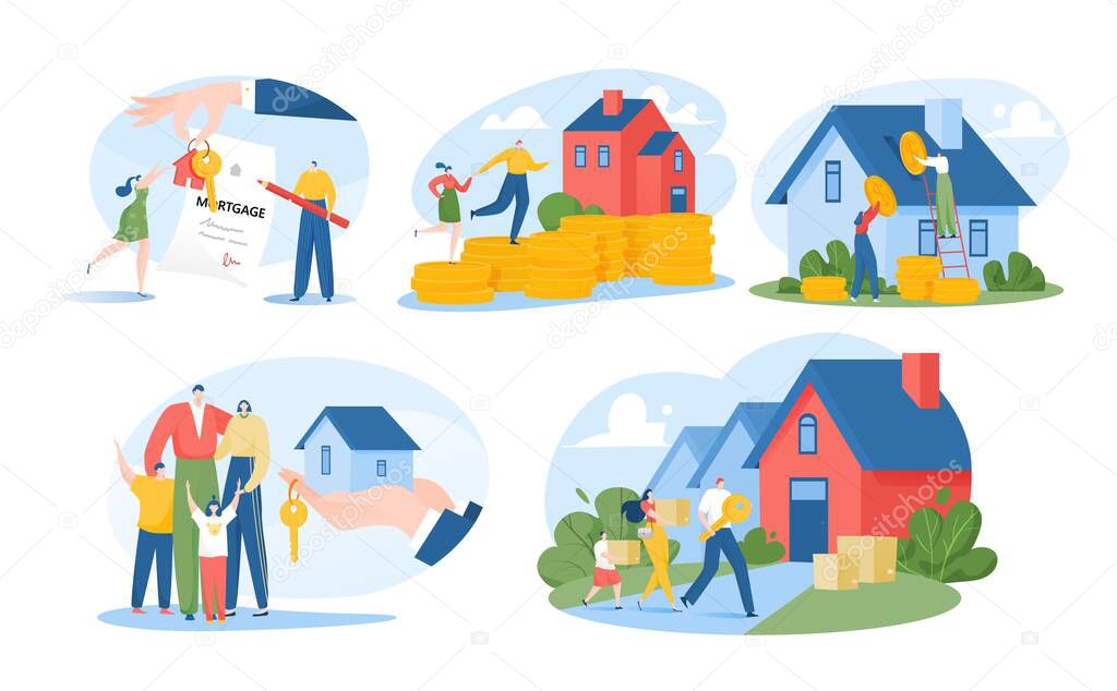 Mortgage concept, family renting house, home search isolated vector illustrations set. Mortage of real estate, rent country house, investment.