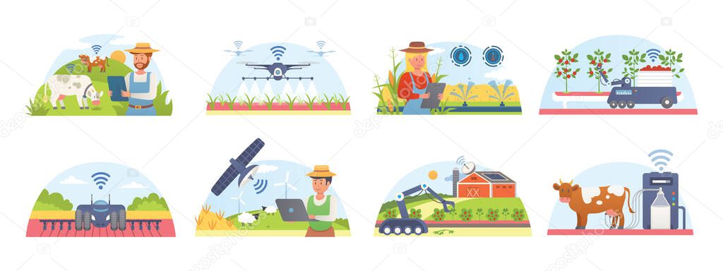Smart farm and agriculture set of isolated vector illustrations. Farmers technology management information systems.