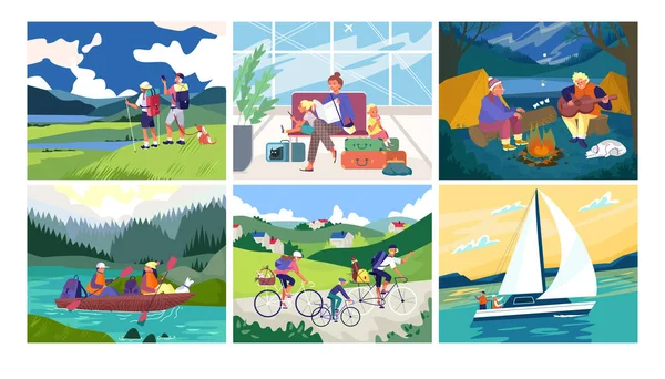 Tourism and travel set of banners vector illustration. People hiking, adventure travel or camping trip. Men and women travellers. — Stock Vector