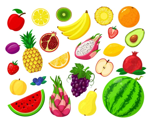 Ensemble d'illustrations vectorielles isolées de fruits doux. Banane, ananas, pomme, mangue et kiwi, pamplemousse, pêche, poire. Entier et morceaux. — Image vectorielle