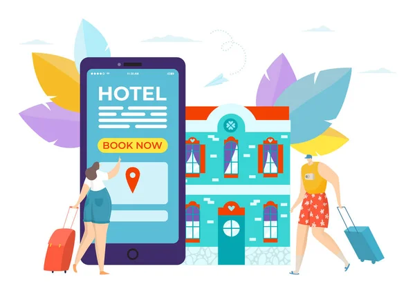 Mobile app for online hotel reservation in smartphone, vector illustration. Travel booking business concept, internet technology. — Stock Vector