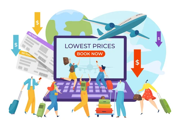 Cheap aiplane flight offer concept in laptop, vector illustration. People with low price ticket cost, tiny person with luggage. — Stock Vector