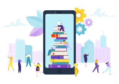 Kitap, vektör illüstrasyonlu eğitim kütüphanesi. Çevrimiçi edebiyat dijital teknolojisi, düz öğrenim ve bilgi öğrenme kavramı.