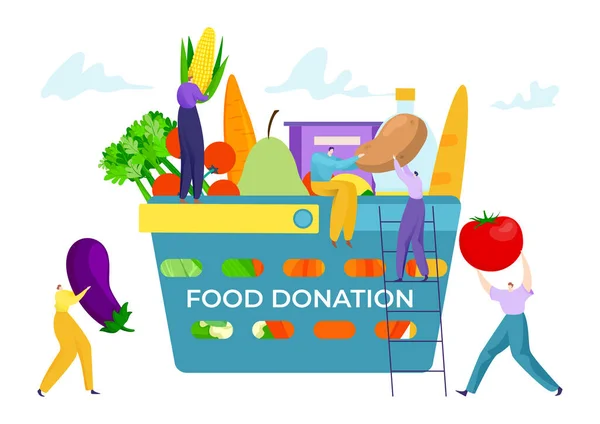 Basket box with food donation concept vector illustration. People make grocery donate, cartoon help for poor people. — Stock Vector