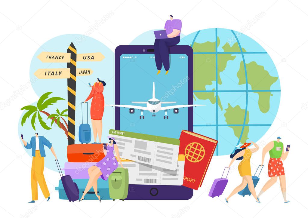 Online flat travel planning, plane flight app, vector illustration. Ticket in smartphone concept, journey tourism trip by airplane