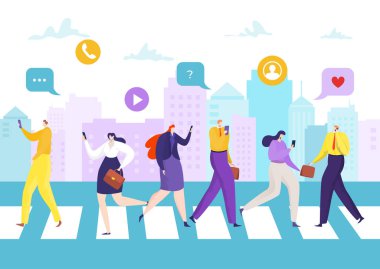 Akıllı telefon teknolojisi iletişimi, yolda telefonu olan insanlar, vektör çizimi. Sosyal medyada çevrimiçi çizgi film bildirimi.