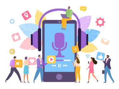 İş karakteri insanları takım çalışması yardımcı konsepti, işçi çevrimiçi ses desteği beyaz, düz vektör illüstrasyonunda izole edilmiş müşteri.