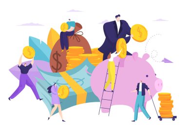 Bankada para tasarrufu, konsept vektör illüstrasyonu. Nakit para bankacılığı, finansal para yatırımı. Düz mevduat