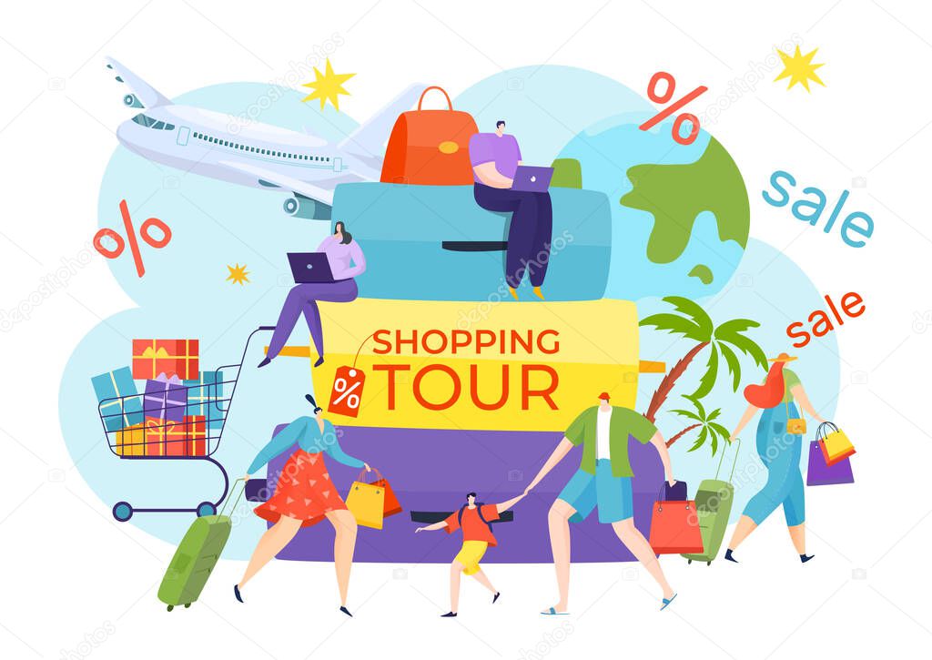 Shopping tour, woman man people with package vector illustration. Person travel for buy at fashion city, shop purchase sale.