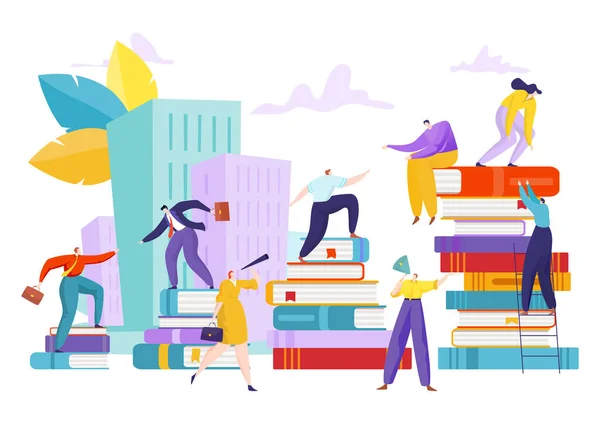 Education learning with book, success student people vector illutration. School goal achievement, man woman climb concept. — Stock Vector