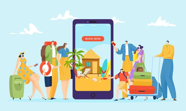 Reserva de viajes en línea en el teléfono inteligente, reserva de turismo de verano ilustración vectorial. Vacaciones de diseño turístico en internet — Vector de stock