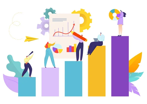 Affärsdiagram koncept, platta människor på bakgrund vektor illustration. Affärsman karaktär kommunikation design, framgång — Stock vektor