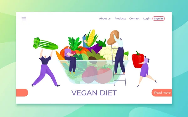 Dieta vegana saludable con alimentos orgánicos, ilustración de vectores. Eco persona vegetariana y nutrición de dibujos animados con verduras. Fresco — Vector de stock
