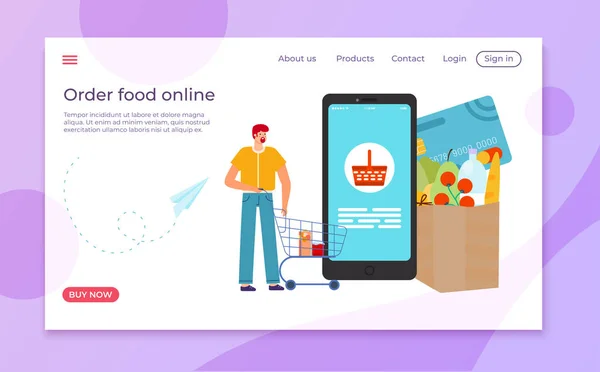 Dodávka potravin v on-line mobilní potraviny v aplikaci smartphone, vektorové ilustrace. Objednat službu, muž koupit produkt na požádání. — Stockový vektor