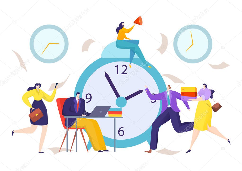 Time at clock for business deadline vector illustration. Flat countdorn for cartoon team conecpt, people near hour timer at office