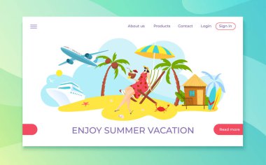Yaz tatili plaj iniş afişinde, kadın açık hava seyahat vektör illüstrasyonunda. Tatil için internet sitesi, denizdeki kız karakter.
