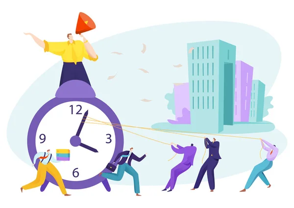 Zakelijke tijd klok concept, zakenman en werk deadline vector illustratie. Tijdmanagement, man karakter trekken klok door touw. — Stockvector