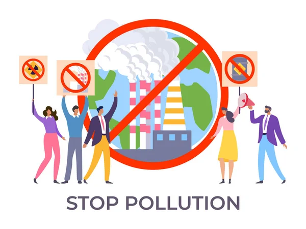 Eco attivista personaggio fermare l'inquinamento, raduno di massa dei giovani che tengono banner proteggere l'ambiente illustrazione vettoriale piatta, isolato su bianco. — Vettoriale Stock
