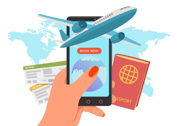 Billete para avión en aplicación de Internet, ilustración del vector de viaje móvil en línea. Reserva web al concepto de vuelo, viaje — Archivo Imágenes Vectoriales
