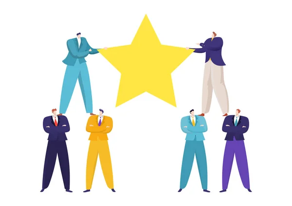 Teamwork business succes concept, vector illustratie. Grafische zakenman houdt ster, creatieve platte mensen in piramide. Menselijke overwinning — Stockvector