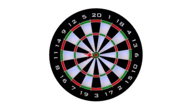 Dart tahtası hedef ok isabet. Beyaz arka plan üzerinde 3D animasyon