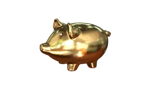 Gold Und Silbermünzen Fallen Ein Goldenes Sparschwein Animation Auf Weißem — Stockvideo