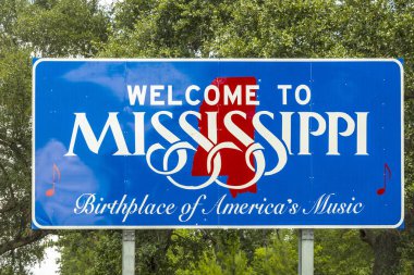 Kırmızı, beyaz ve mavi işareti Mississippi - Şef Menteur otoyol Doğum yeri Amerika'nın müzik yolcuları hoş geldiniz