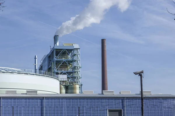 Industry Park Frankfurt Hoechst Chemical Production Chimney Security Camera Blue — Stock Photo, Image